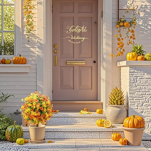 momoplant Artificial Boxwood Topiary Ball Tree with Mum Flowers 24” Tall Faux Plant with Ground Spikes Set of 2 Fake Flower Bushs for Farmhouse Porch Home Garden Decor - size: 2Pcs with Spike（Yellow&Orange）