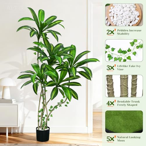 Dolicer 5FT Tall Look Real Artificial Dracaena Tree Indoor with Black Planter, Realistic Artificial Fake Faux Indoor Plants with Natural Trunk and Lifelike Leaves for Home Office Living Room - size: 5FT