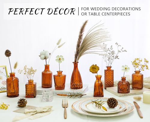 SUPMIND 12Pcs Glass Bud Vase Set, Small Dark Brown Flower Vase for Centerpieces, Bud Vases in Bulk, Mini Vintage Vase for Rustic Wedding Decorations（Amber） - color: Amber, size: 12Pcs