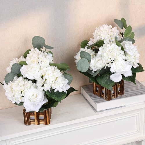11.8’’ Tall Free Standing Artificial Flowers, 4Pcs Artificial Flowers Arrangement with Basket, Spring Fake Rose Hydrangea Decorations for Wedding Archway Aisle Welcome Entrance Table (White) - color: White