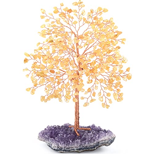 Gemstone Crystal Tree of Life,Natural Citrine(406 Stones Count) with Amethyst Cluster Base,Chakra Healing Crystals Positive Energy Fengshui Bonsai Money Tree Gift 8.5"-9" - color: Citrine With Amethyst Cluster Base
