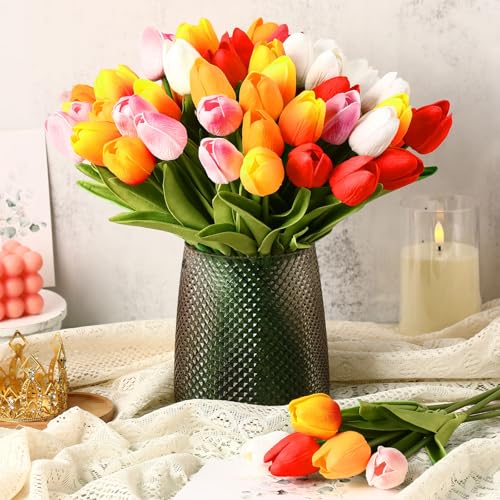 Janinka 75pcs Artificial Tulip Flowers Fake PU Tulips Faux Latex Bouquet Flower Centerpieces Arrangement Floral for Wedding Spring Decorations (1 Head,White,Red,Sunset Red,Pink,Gold) - color: White, Red, Sunset Red, Pink, Gold