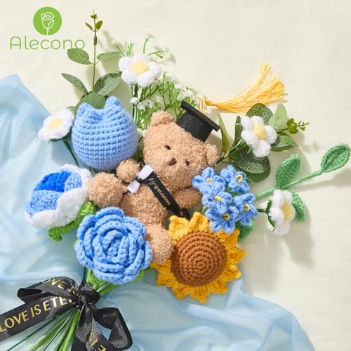 Alecono Crochet Flower Bouquet, Blue Handmade Graduation Bouquet for Class of 2026, Knitted Flowers for Friends Graduation Teacher's Day Anniversary Birthday Gifts (with Card) - color: Blue, size: Large