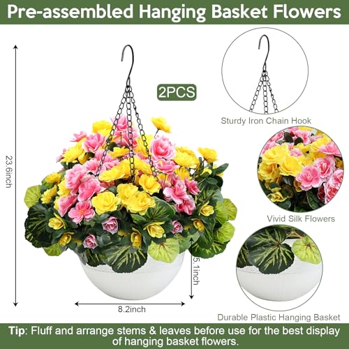 Set of 2 Artificial Flowers with Hanging Baskets, Pre-Assembled Silk Fake Flower Large Look Real UV Resistant for Outdoor Indoor Balcony Garden Porch Yard Home Decor, Yellow Pink - color: Yellow Pink