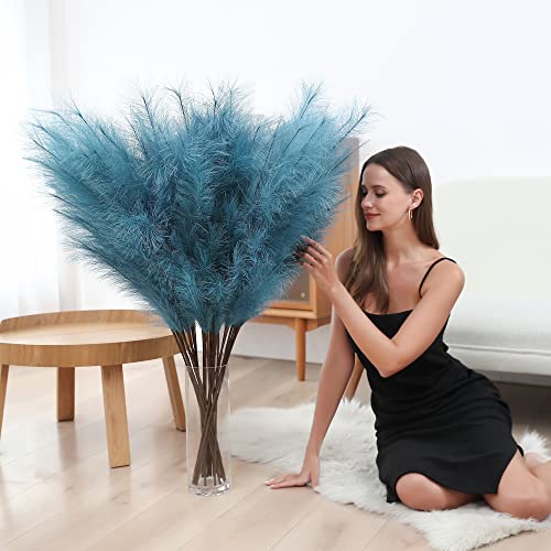 8 Pcs 45 inch Tall Faux Pampas Grass Decor, Large Artificial Blue Pompous Grass Bulk, Long Fake Pompas for Floor Vase Filler, Wedding, Baby Shower, Home and Boho Decor (Blue) - color: Blue