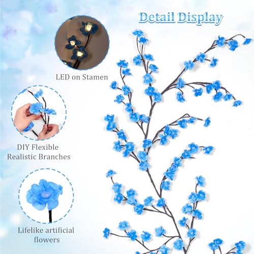 Blue Cherry Enchanted Willow Vine Lights,4FT 48 LED Cherry Blossom Lights with Remote Timer,8 Lighting Modes,LED Tree Branch Light for Wall,Cherry Blossom Wall Decor for Bedroom Living Room Windows - color: 48 LED Blue cherry blossom