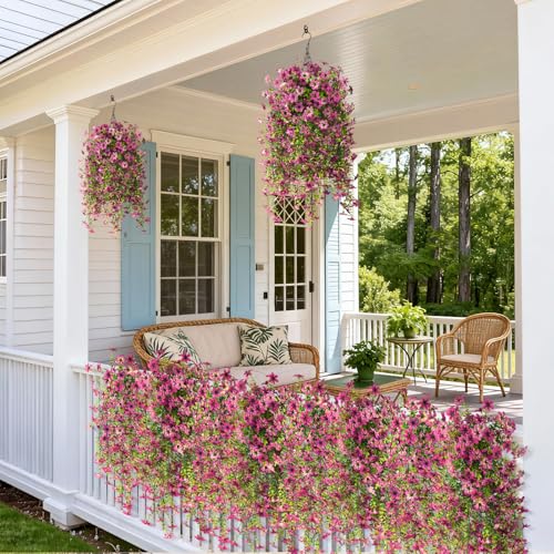 Artificial Hanging Flowers for Outdoors, 2 Pcs Fake Hanging Flowers Spring Summer Decor, UV Resistant Faux Artificial Outdoor Plants for Planter Front Door Porch Patio Garden Yard(Gradient Purple Red) - color: Gradient Purple Red