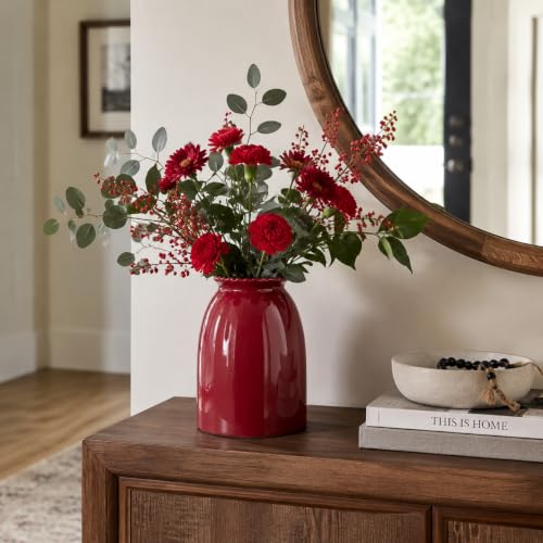 hjn Red Ceramic Vase Modern Minimalist Table Centerpiece, Round Smooth Flower Holder for Living Room, Shelf, Mantel, Wedding & Home Decor-8.3" H - color: Red