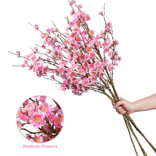 florisso 6 PCS Artificial Cherry Blossom Branches Spring Indoor Decoration, Faux Flowers 34.45" Long Stems Plum Fake Peach Plants Real Touch Silk for Wedding Home Bedroom Party Table Office, Pink - color: A-pink