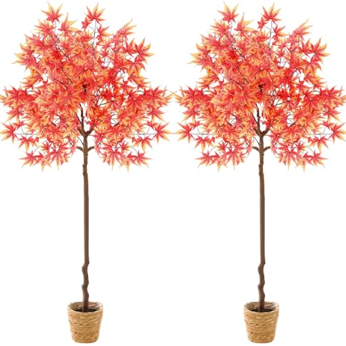 Giegxin 2 Pack 4ft Thanksgiving Day Artificial Maple Trees with Weaving Plant Baskets Faux Fall Tree Stem with Maple Leaves Thanksgiving Orange Potted Fake Plants Decor for Porch Front Home Office - color: Dark Orange, style: Maple Leaves