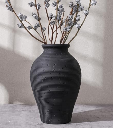 Ceramic Flower Vase Home Decor, 9 in Farmhouse Table Vases Rustic Vintage Living Room Kitchen Bedroom Pottery Decorative Vases for Flowers House Book Shelf Office Coffee Desk Dining Entryway, Black - color: 9 in - Black