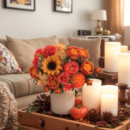 4 Pcs Mixed Autumn Artificial Peony Flower Set-2 Bouquets & 2 Stems, Orange Yellow Fake Peony Sunflower Rose Silk Flower for Fall Table Centerpiece Farm Wedding Thanksgiving Halloween Home Decor - color: Orange & Yellow, size: Mixed 4pcs
