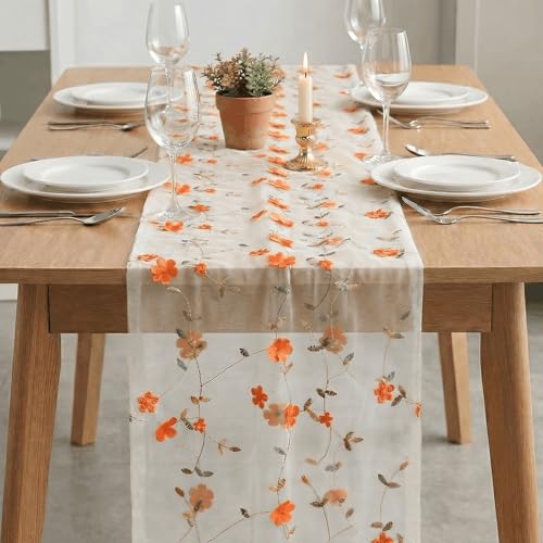 Artoid Mode Orange 3D Flower Gauze Embroidery Table Runner 120 Inch 10FT, Tulle Seasonal Spring Kitchen Dining Holiday Table Decor for Home Party - color: White-orange