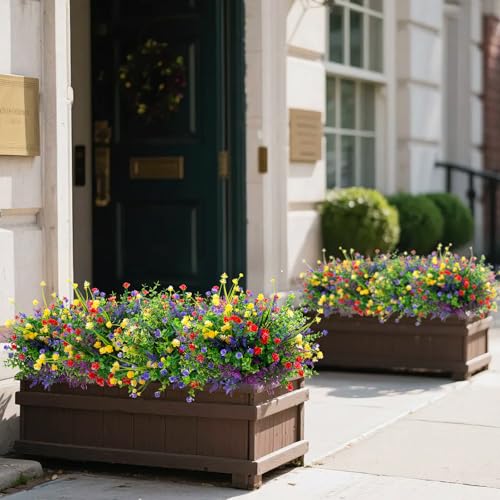 12 Bundles 6 Styles Artificial Flowers for Outdoors, Fake Grass with Plastic Flowers UV Resistant Faux Shrubs Greenery for Spring Summer Garden Patio Window Box (Camellia Lavender Eucalyptus) - color: Red&yellow&purple, size: 12PCS