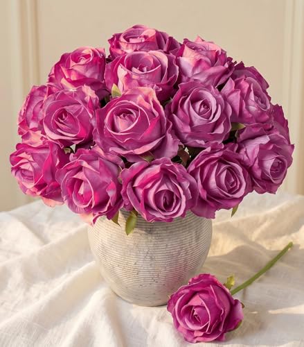 Ivydale 18pcs Hotpink Roses Artificial Flowers, Fake Roses Silk Flowers with Stems Realistic Bouquet for Mother's Day Wedding Party Home Decoration DIY Centerpiece Floral Romantic Gifts - color: Rose-hotpink