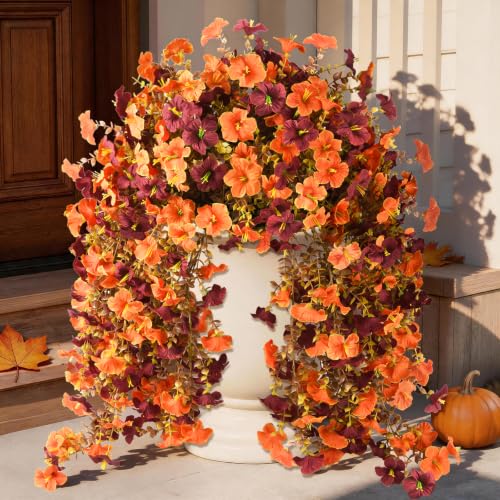 INQCMY Artificial Fake Fall Flowers Plants for Outdoor Decoration,2 PCS Faux Silk Morning Glory with Eucalyptus Leaves,UV Resistant Realistic Outdoor Flowers for Balcony Porch Patio Yard Garden - color: Fall Orange Brown