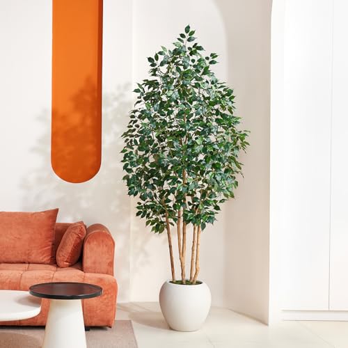 VeriNatural 7FT Artificial Ficus Tree with White Planter - Realistic Faux Ficus Tree with 1500+ Silk Leaves, 4 Real Wood Trunks,Tall Fake Plant for Indoor Living Room, Office, Home Decor (84") - size: 7ft