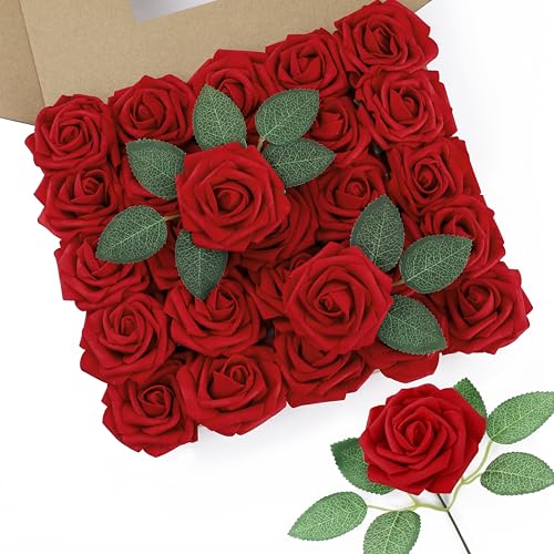 DuHouse 100Pcs Artificial Roses Flowers Fake Roses with Stems Real Touch Foam Flowers for DIY Wedding Bouquet Party Centerpiece Floral Arrangement Party Home Decor(Dark Red) - color: Dark Red, size: 100pcs