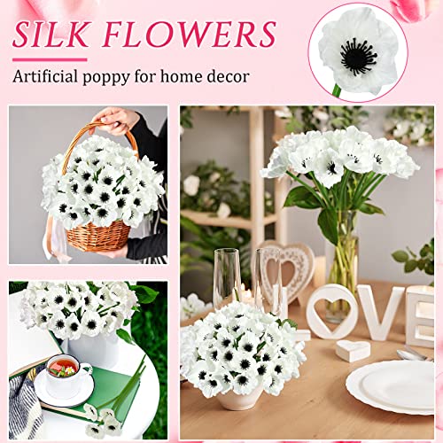 Censen 42 Pcs Artificial White Poppy Flowers 11 Inch PU Silk Poppy Anemone Stems Bulk Artificial Floral Table Centerpiece Decor for Vase Wedding Bouquets Bridal Holding Home Party - color: White