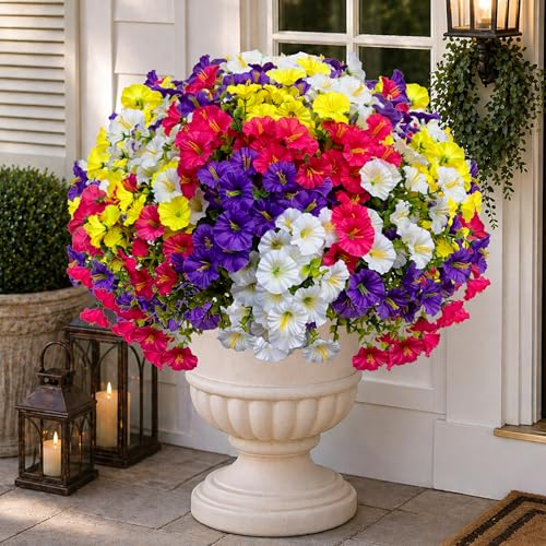 AXYLEX Artificial Flowers Outdoor Shrubs - 16 Bundles Fake Plants UV Resistant No Fade Faux Plastic Greenery Home Garden Porch Patio Decoration (1, Multi16-2) - color: Multi16pcs - Red Pink+purple+yellow