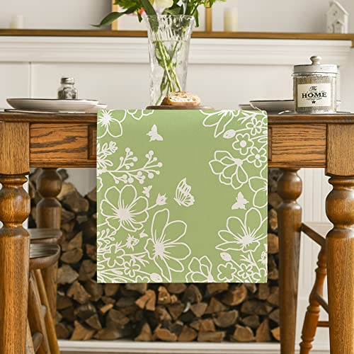 Artoid Mode Green Bloom Flowers Butterfly Spring Table Runner, Seasonal Holiday Kitchen Dining Table Decoration for Home Party Indoor 13x72 Inch - color: Green, size: 13" x 72", Table Runner