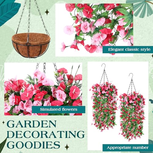 Hotop 2 Set Artificial Flowers with Hanging Basket Includes 6 Pcs Morning Glory Vines Faux Outdoor Hanging Plants Waterproof UV Resistant Fake Flowers for Patio Spring Summer Decor(Rose Red, Pink) - color: Rose Red, Pink