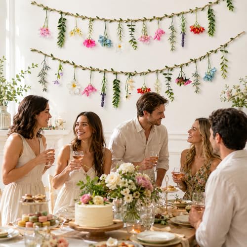 2 PCS 6.5ft Artificial Flower Banner Wildflower Garland Hanging Flowers for Garden Birthday Wedding Tea Party Bridal Shower Home Spring Supplies(Hemp Rope) - color: Hemp