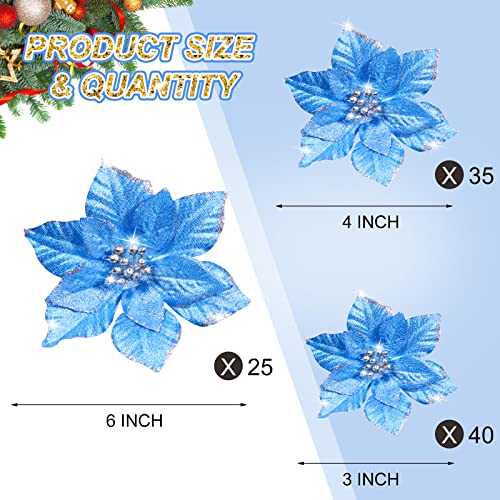 Geosar 100 Pcs 3 Size Christmas Poinsettia Flowers with Clips Glitter Artificial Flowers Small Christmas Tree Ornaments Faux for Xmas Party DIY Craft Wreath Garland New Year, 3/4/6 Inches(Blue) - color: Blue