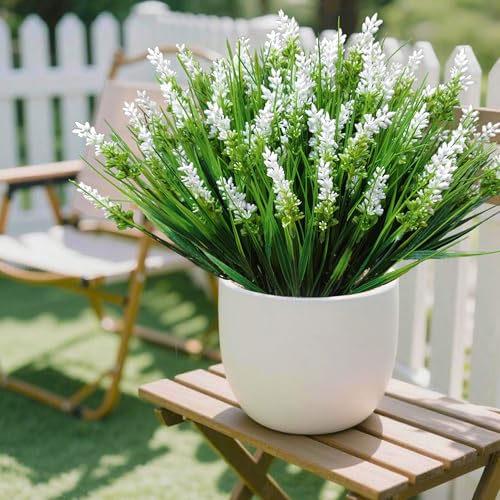 12 Bundles Artificial Plants Outdoor Fake Monkey Grass UV Resistant Faux Plans with White Fake Flowers Greenery Shrubs for Front Porch Yard Pathway Garden Spring Summer Décor Outside Indoor (white). - color: White