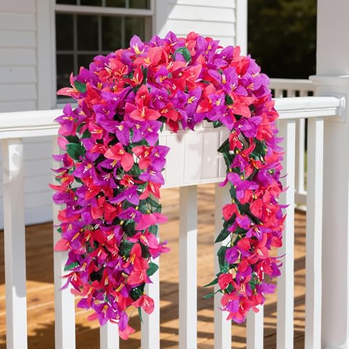 Lifewit Artificial Bougainvillea Flowers, 2 PCS Plastic Long Trailing Vines Fake Flowers for Outdoor Indoor Garden Porch Patio Balcony Decor, UV Resistant, Mix for Purple & Hot Pink - color: Purple & Hot Pink