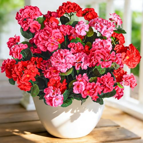 Fake Outdoor Flowers, 6 Pcs Artificial Flowers for Outdoors, Mixed Color Artificial Geraniums Silk Flowers, Fake Plant for Outside, Faux Flowers Outdoor Planters UV Resistant for Front Porch - color: Mixed, size: 6 Pcs