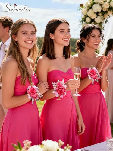 Serwalin 6 PCS Hot Pink Wrist Corsage for Wedding, Corsages Wristlet for Bride Bridesmaid Mother Grandmother Girl, Artificial Flowers for Prom Ceremony Homecoming Anniversary - color: Hot Pink, size: Corsage 6pcs