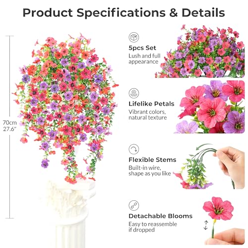 5PCS Artificial Faux Hanging Flowers Plants for Outdoor Decor,Fake Silk Daisy Flowers with Eucalyptus UV Resistant Realistic Vines for Home Porch Patio Balcony Yard Decor (Hot pink Fuchsia) - color: Hot Pink Fuchsia