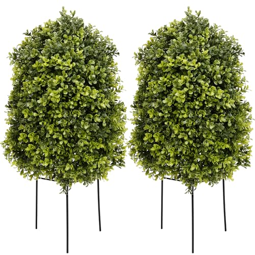 DDHS 25" Artificial Boxwood Topiary Ball Tree,2 Pack Plants Outdoor with Ground Spike UV Resistant, Fake Bushes Faux Topiary Bush Porch Garden Decor
