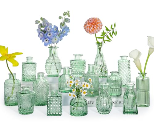 SUPMIND Glass Bud Vase Set, 16pcs Small Green Flower Vases for Table Centerpieces in Bulk, Mini Vintage Vase for Wedding, Home, Table Decoration - color: Green