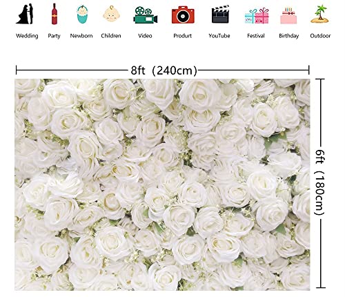 INRUI White Rose Floral Photography Backdrop Rose Theme Valentines Day Bridal Shower Party Decorations Banner (8x6FT) - size: 8x6FT