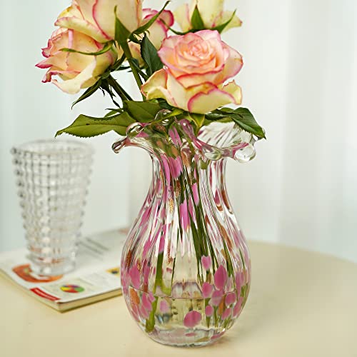 QFkris Handblown Glass Vase, Modern Art Flower Vase with Pink Petal Decorative for Home Decor, 8.5 inch Tall for Living Room Dining Tabletop Centerpiece Statement Office Decoration - color: Pink Bubble