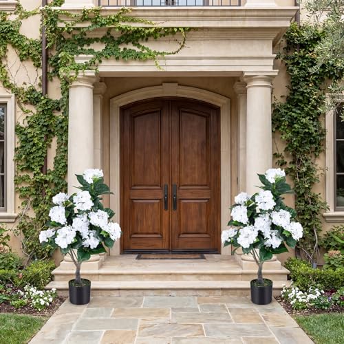 Goplus Artificial Hydrangea Tree, 2 Pack Fake Floral Plant w/11 White Flowers & Realistic Trunk in Plastic Nursery Pot, Indoor Silk Flower Tree for Home Office Living Room Housewarming Gift (White) - color: White