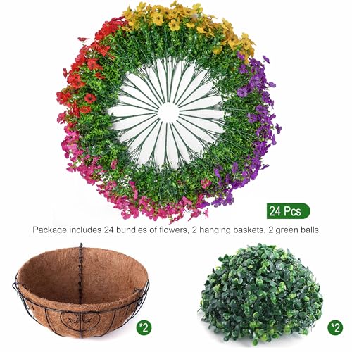 HyeFlora 2 Set Artificial Outdoor Flowers Hanging Basket, Faux Hanging Plants for Outside Spring Decoration, Fake Silk UV Resistant Look Real Daisy for Porch Patio Home Decor - color: 4 Multicolor
