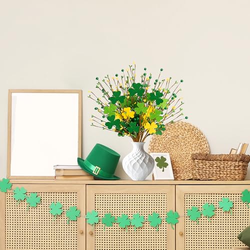 Sggvecsy St.Patrick's Day 8 Pcs Shamrock Berry Stems Artificial Wooden Shamrock Picks Green Yellow Berry Branches for Irish St.Patrick's Day Arrangement Centerpiece Home Vase Decor - color: Green and Yellow