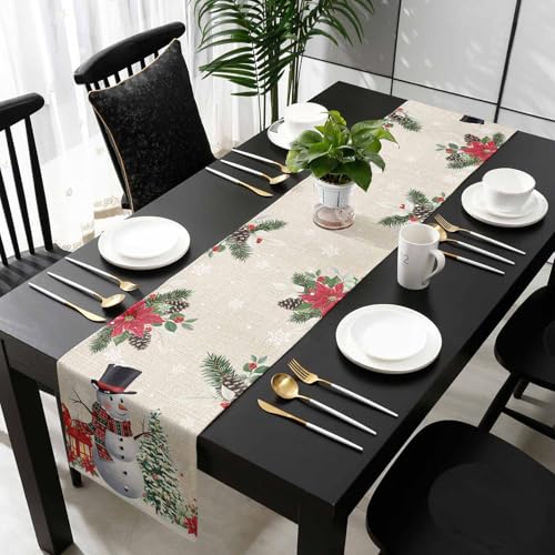 Christmas Snowman Poinsettia Table Runner-Cotton Linen-90 Inch Holiday Dresser Scarves, Floral Eucalyptus Swirls Snowflake Tablerunner for Kitchen Coffee/Dining Bedroom Living Room Dinner Scarf Décor - color: Christmas, size: 13x90 Inch