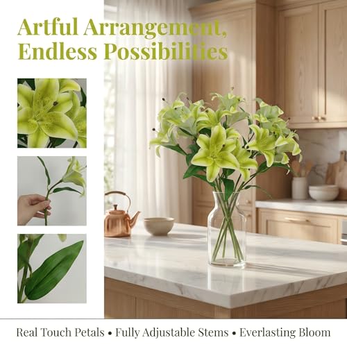 Artificial Lily Flowers,6 Pcs Faux Lily Flowers,Tiger Lily Branch with 3 Full Blooms and 4 Leaves (6, Green) - color: Green