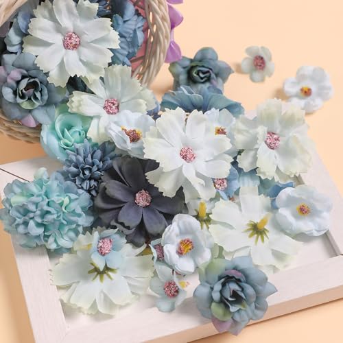 rongflower Faux Flower Heads Mini Blue Artificial Flower Heads Fake Peony Daisy Rose Flowers Multicolor Small Silk Daisy Flower Heads for Craft Garland Wedding Party DIY Home Decoration,2-4 cm - color: Blue