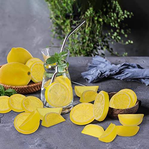 Woration 20 Pack Simulation Lemon & Slices Blocks Set, Artificial Plastic Lemon Slice Lifelike Fake Lemon Decor Fake Fruit for Wedding Photography Prop Party Display - color: Lemon