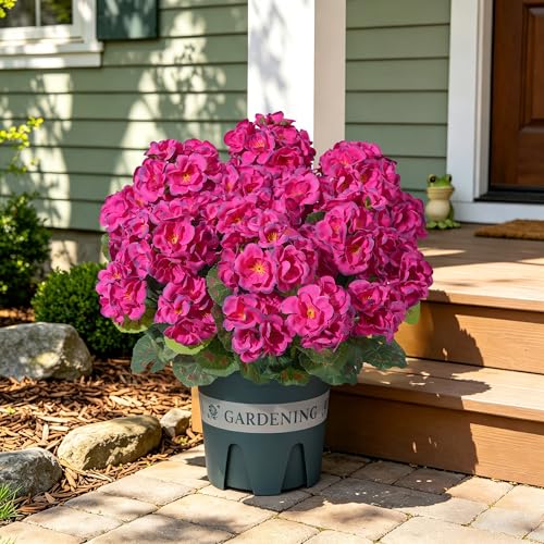 Geraniums Artificial Flowers for Outdoors, 2 Pack Potted Plants Fake Geranium Bush Realistic Fake Flowers UV Resistant Faux Flowers for Outdoor Planters Outside Gardens Front Door Yard Indoor, Fuchsia - color: Fuchsia