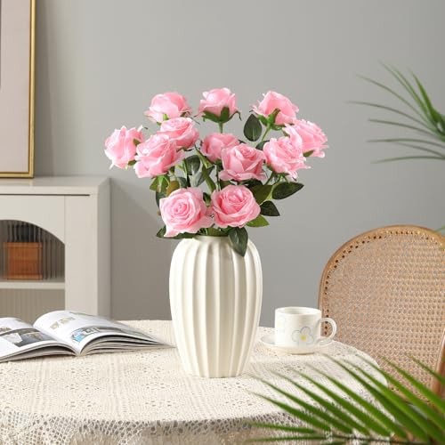 Tifuly Pink Roses Artificial Flowers - 12 pcs Realistic Single Long Stem Fake Silk Roses Bouquet for Party Home Wedding Centerpiece Office DIY Decor - color: Pure Pink