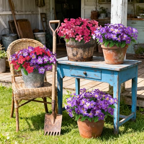 Homsunny Artificial Flowers for Outdoor, 6PCS Fake Silk Flowers | UV Resistant Realistic Faux Plants Flowers for Front Door Porch Planter Patio Yard Garden Spring Decor, Double Purple - color: Deep Purple+ Light Purple