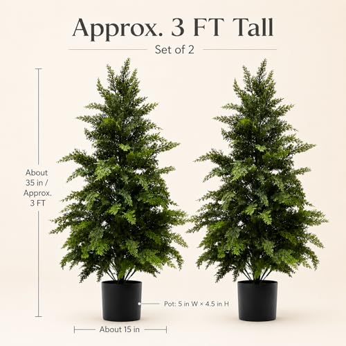3 ft Extra Full Artificial Cedar Topiary Trees Set of 2 for Porch | Extra-Dense Foliage, Full Shape, UV Resistant, Stable Base, No Watering, for Porch Patio Garden Entryway - color: Cedar Green, size: 3FT