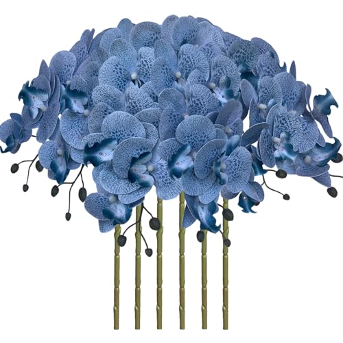 FagusHome 32 Inch Artificial Phalaenopsis Flowers 6 Pcs Artificial Orchid Flowers Stem Plants for Home Décor (Blue Piebald), FH1000143 - color: Blue Piebald