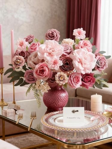 Artificial Flowers Combo Box Nude Pink Flowers Silk Fake Roses Dahlia with Stems for DIY Wedding Bridal Bouquets,Table Centerpieces,Cake Floral Arrangement,Baby Shower,Birthday Home Decor - color: Coffee Pink